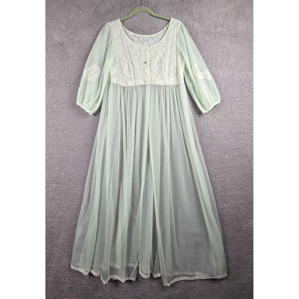 Vintage‎ Miss Elaine Nightgown Womens Small Green Chiffon Lace 3/4 Sleeve Sheer